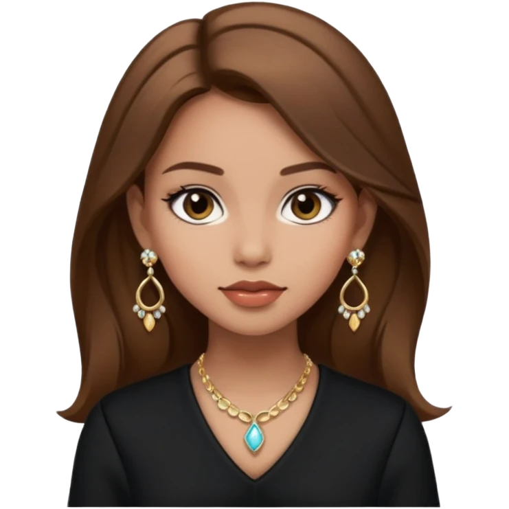 Μια κοπέλα καστανή με μαύρα ωραία ρουχα και σκουλαρίκια και κοσμήματα και βαμμένη ελαφρό emoji