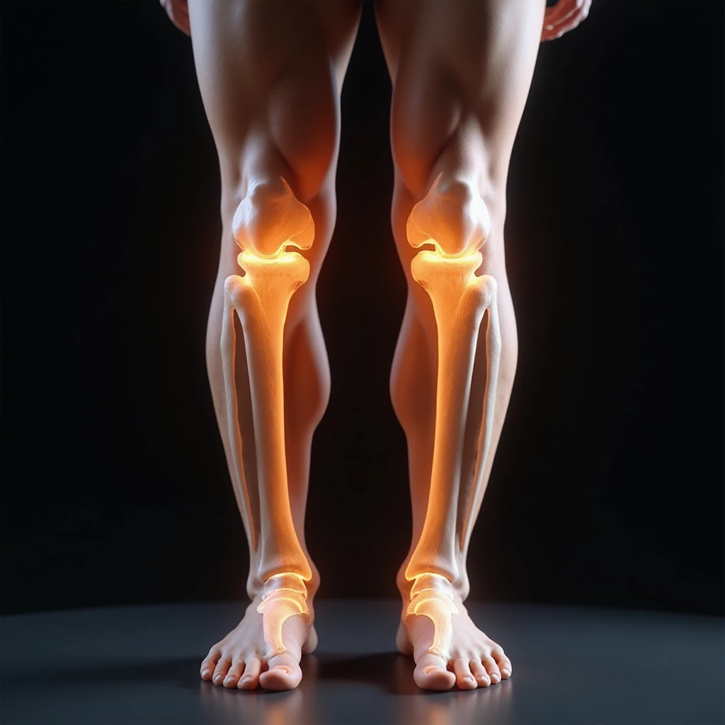 hyperrealistic 4K anatomical view of valgus knee, man's legs, knees touching and ankles separated, bones and joint highlighted, white background, valgus deviation clearly visible, variant 4 with slightly changed leg position emoji