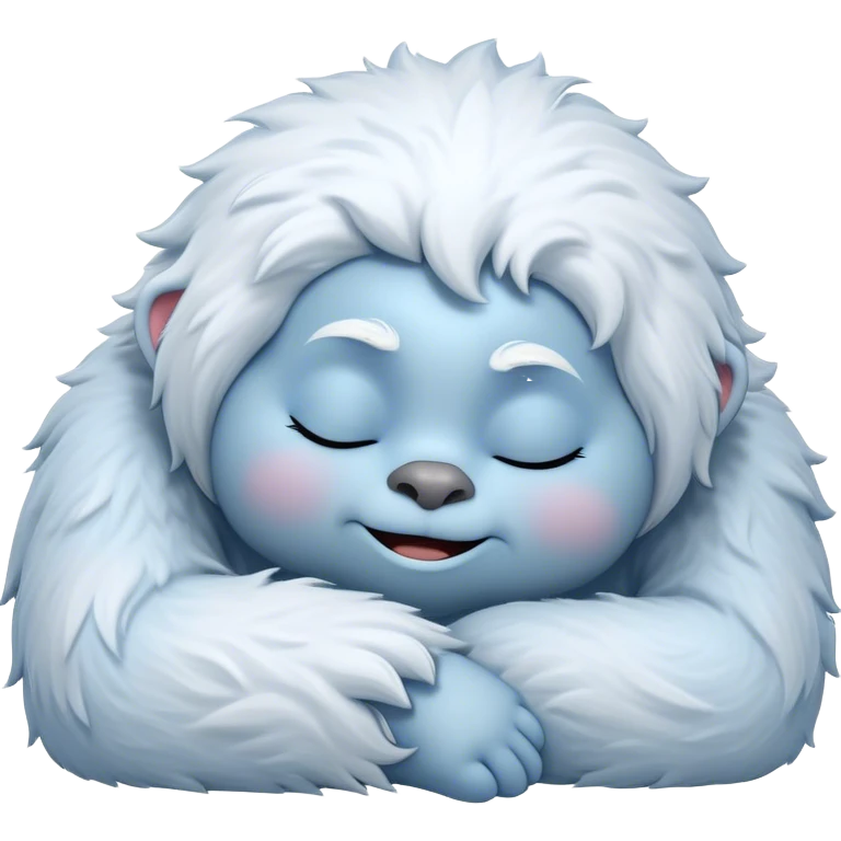 Meme-Worthy Cute Sleeping Yeti Portrait Emoji, with a charming, fluffy, snow-dusted figure in gentle whites and cool blues, head resting in blissful, serene slumber with closed, peaceful eyes and a small, contented smile, simplified yet irresistibly adorable, highly detailed with a soft frosty outline that captures the tender drowsiness of a yeti drifting into snowy dreams! emoji