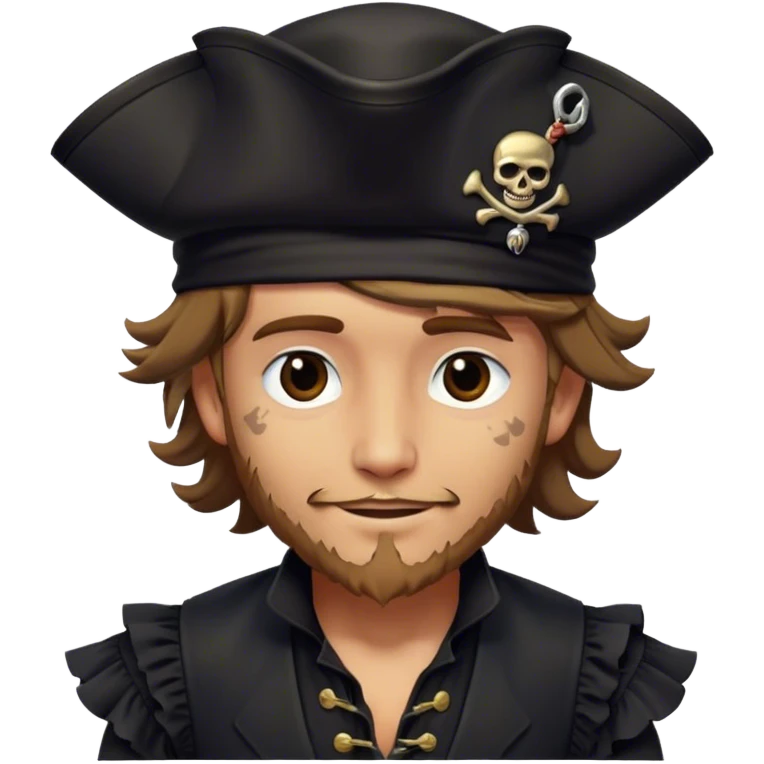 A kindhearted pirate in a black ruffled shirt, black waistcoat, and an ornate black hat, his friendly gaze welcoming emoji