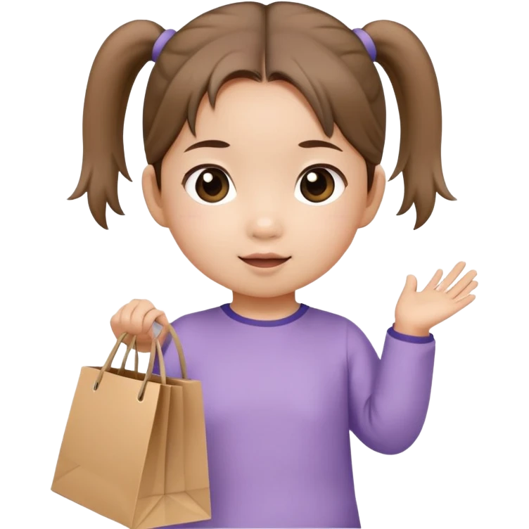 Asian toddler girl in 2 pony tails holding one shopping bag emoji