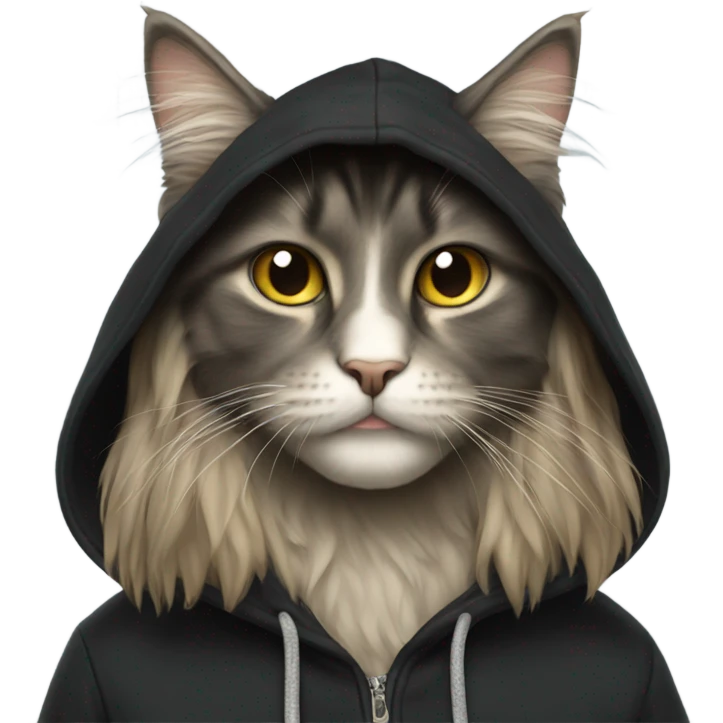 Long hair cat wearing a black hoodie emoji