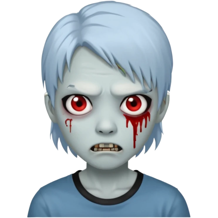 Create a 3D emoji-style avatar with very pale blue-grey zombie skin like the reference image, a young Asian face, and large eyes with blood tears. Give it white mullet-style hair, silver hoop earrings, and a simple black T-shirt. The expression should be slightly angry and has vampire teeth emoji