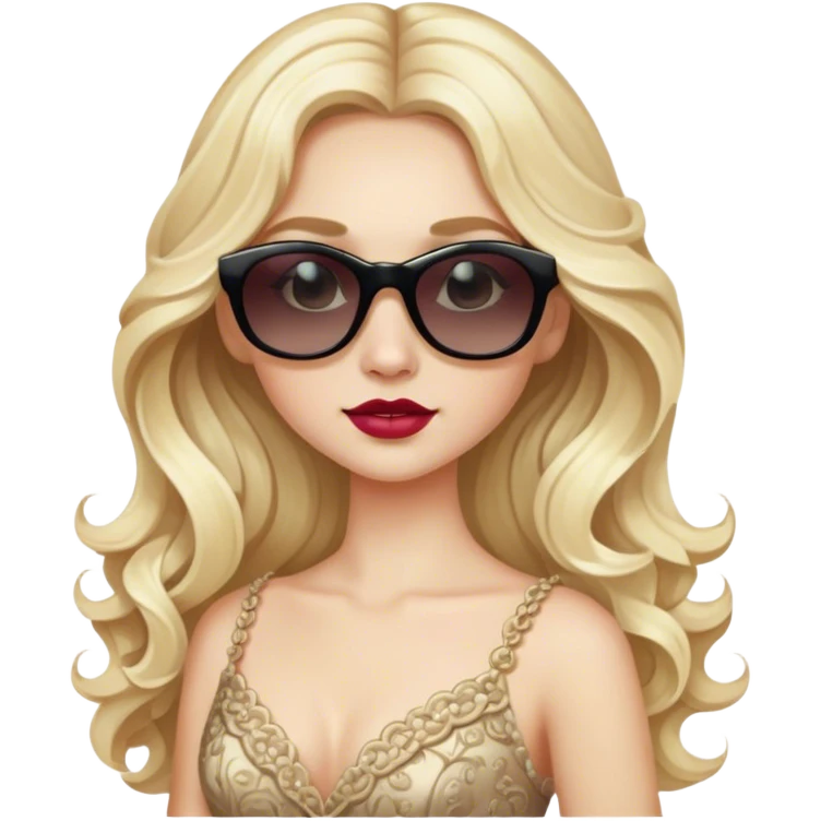 a pale blonde girl with elaborate makeup and dress, long wavy hair, wearing sunglasses, confident emoji