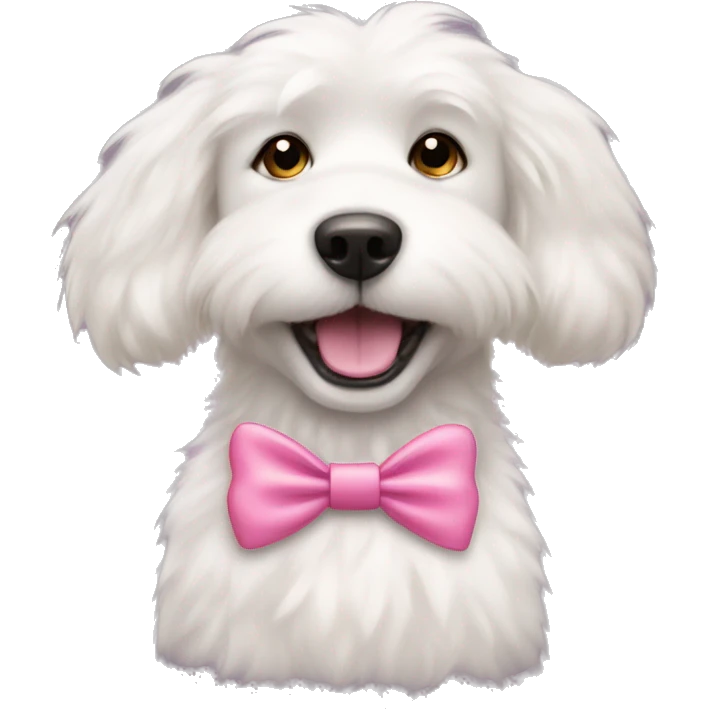 A fluffy white dog wearing a pink   Bow  emoji