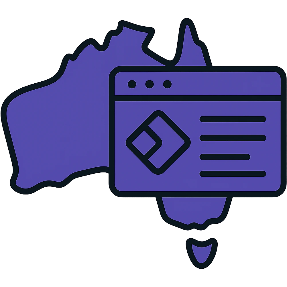 Update the map of Australia with digital web page overlay icon to use #403DAD as the main and dominant color throughout, keeping the modern and techy look, no text emoji