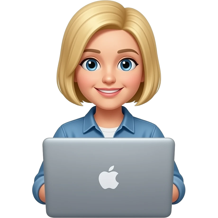 Блондин сидит за ноутбуком apple  c короткой стижкой emoji