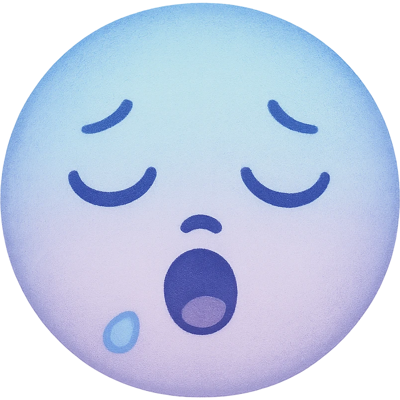 cute emoji, round face, sleepy eyes, tiny yawn, soft blue and lavender emoji
