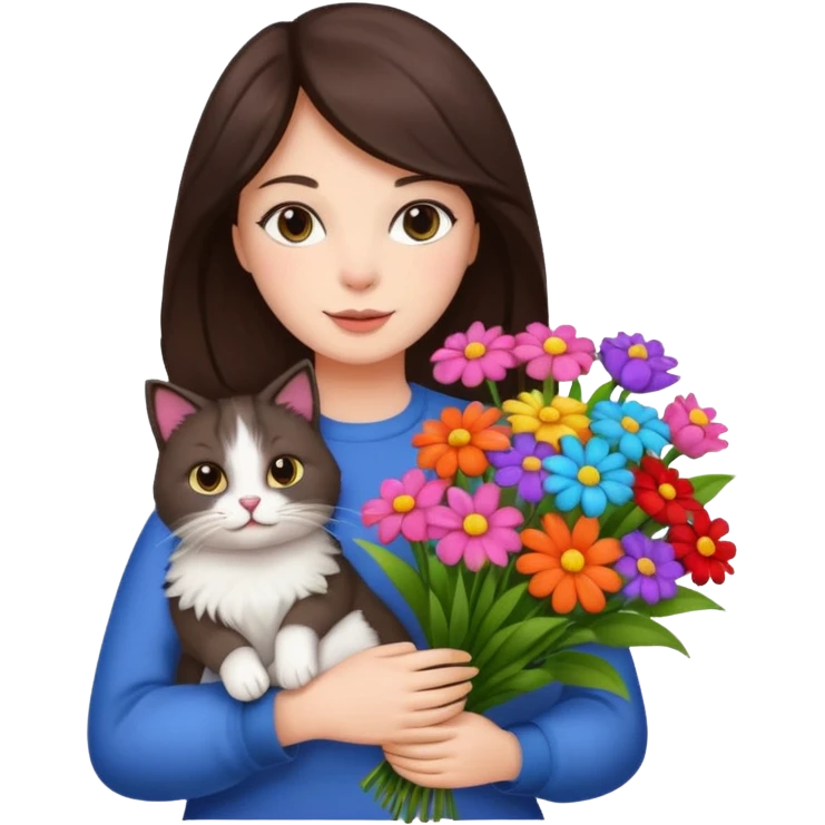 brunette woman holding bouqet and cat emoji