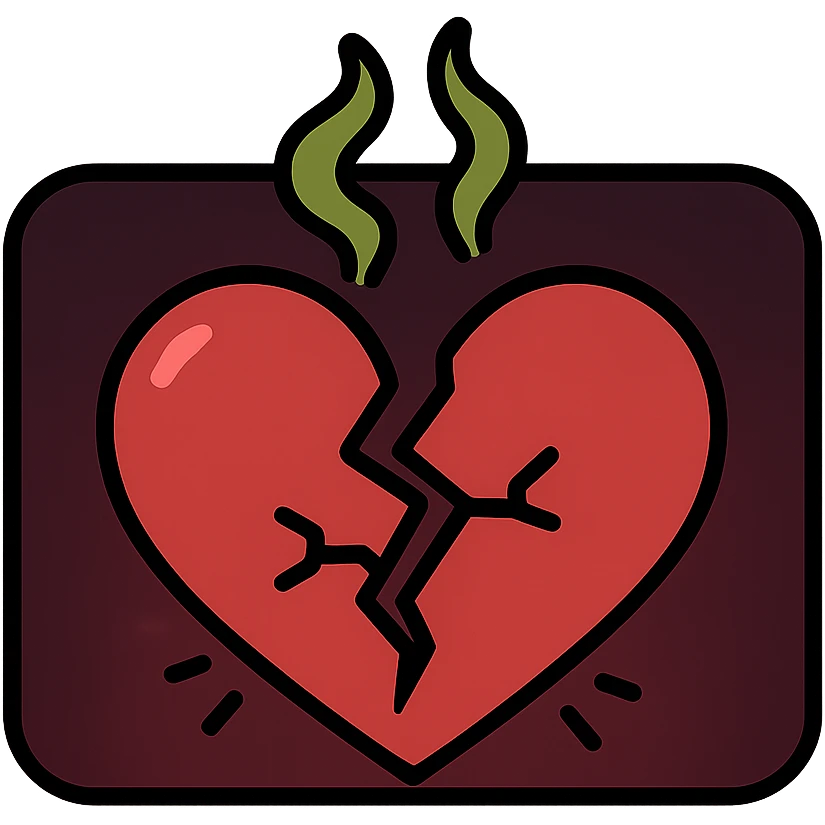 thumbnail with broken heart emitting faint toxic green mist, dark background with deep red and black gradients, faint cracks and spark effects emoji
