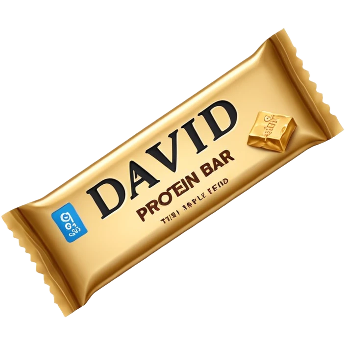 protein bar gold wrapper that says David on it in black font with a small brown box on it  emoji