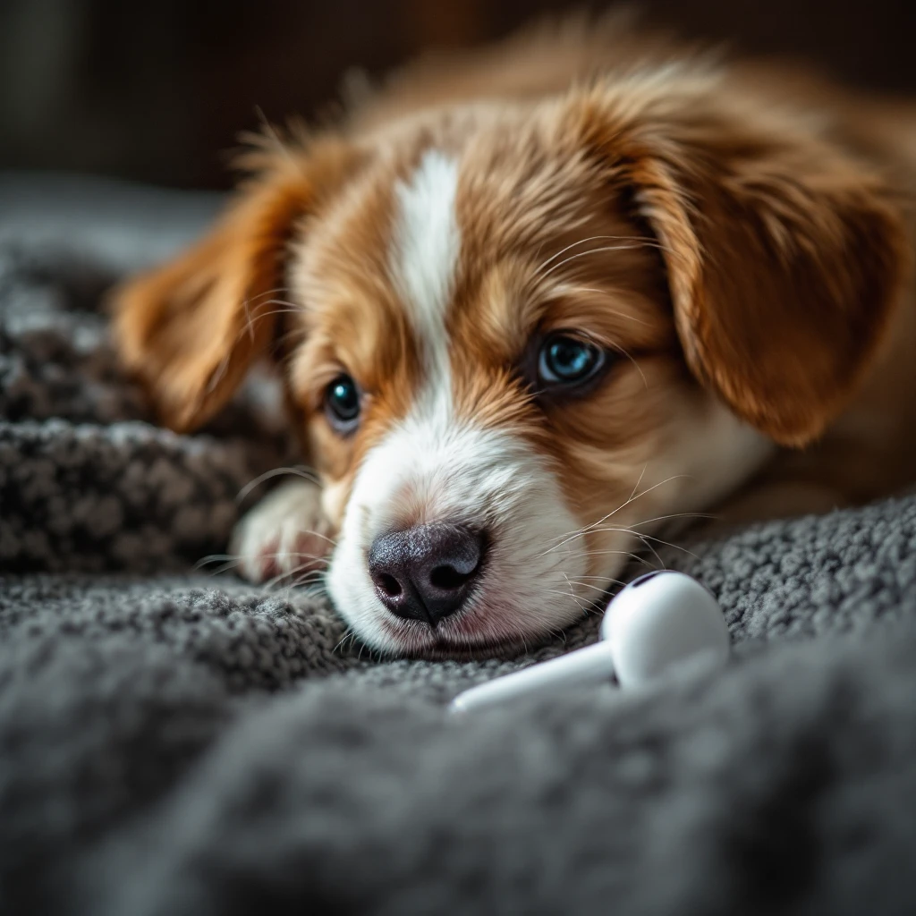 cinematic still of a airpods around puppy emoji
