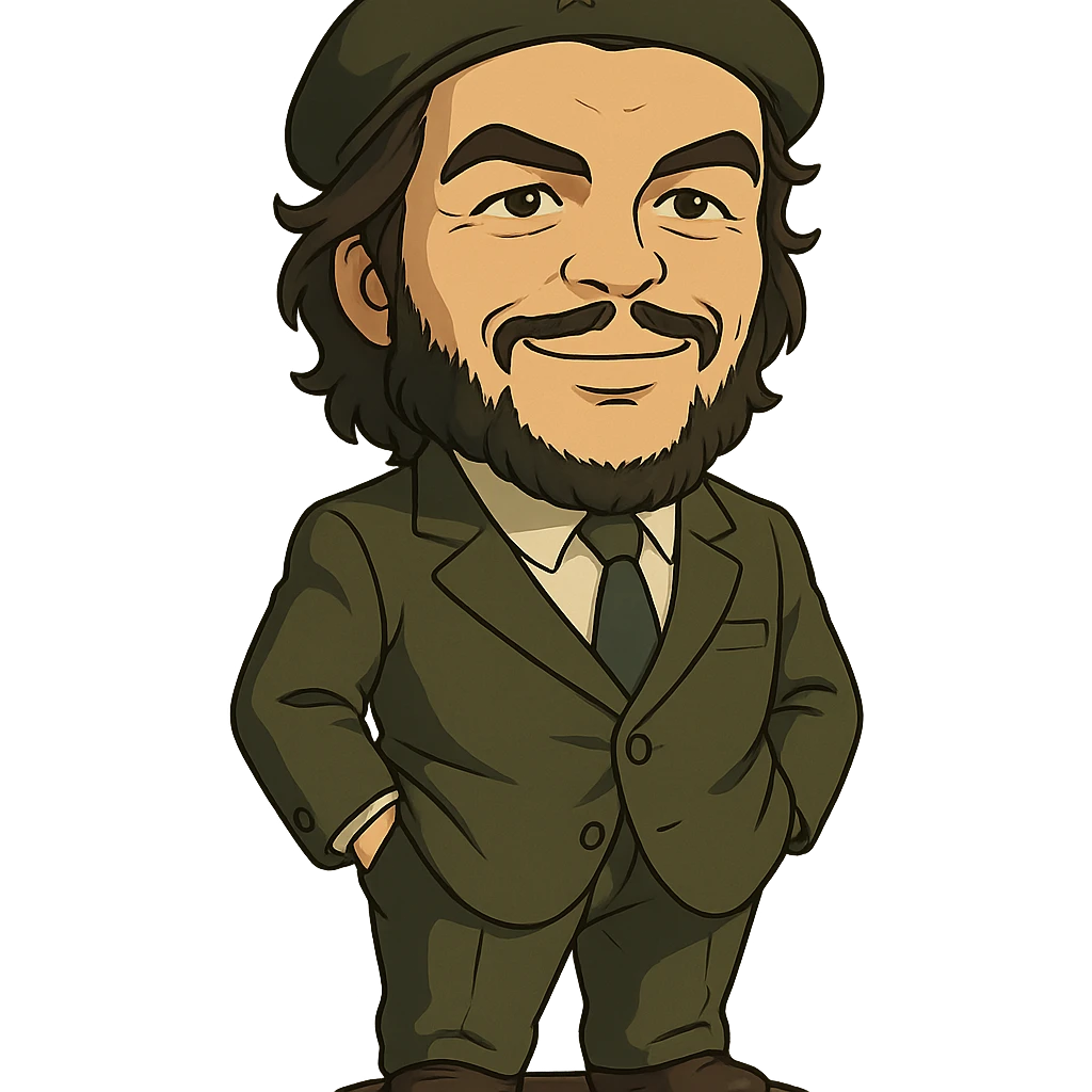 statuette of Che Guevara in a suit and tie, big head, confident smile, ghibli style emoji