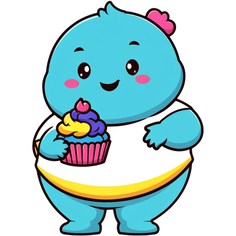 Extremely obese African American cartoon character with a very round face, smiling happily while holding colorful cupcakes emoji