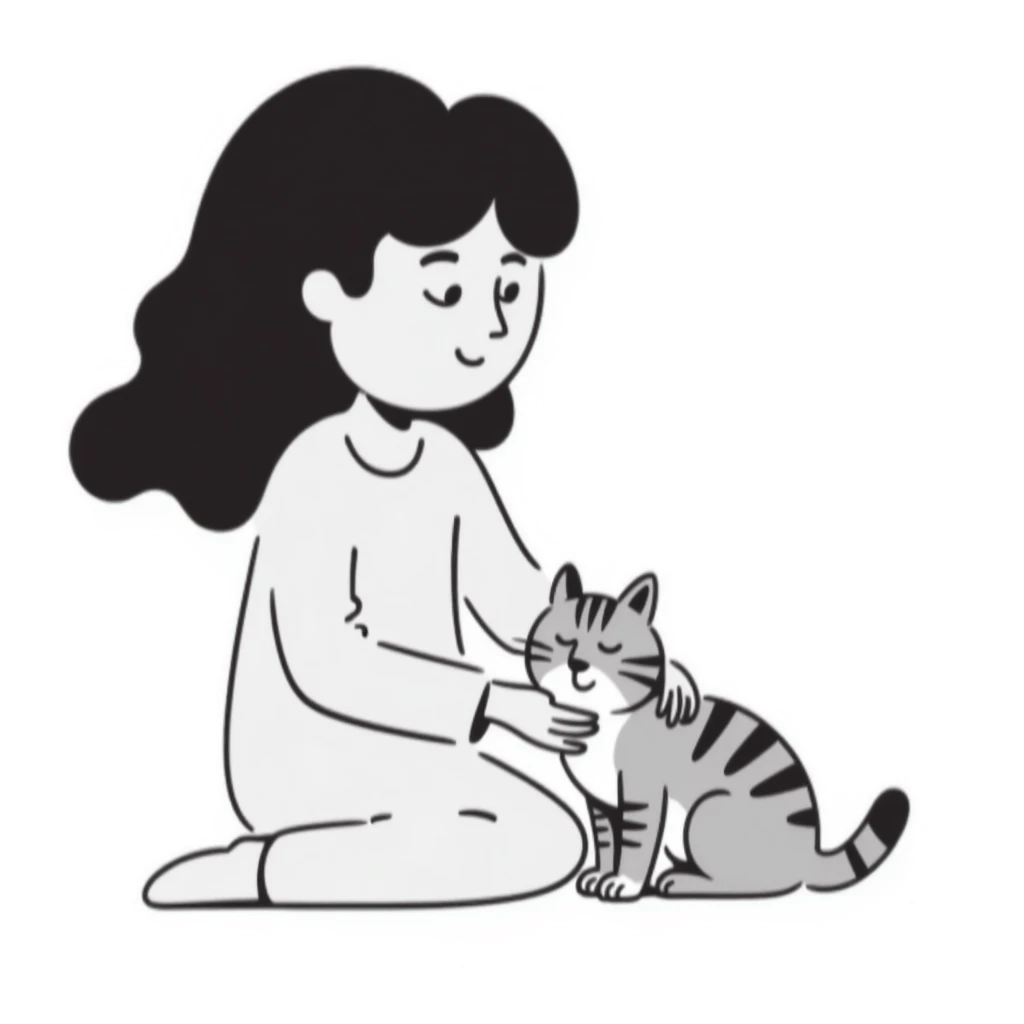 Beautiful girl with long black hair sitting with a gray and blonde mixed cat emoji