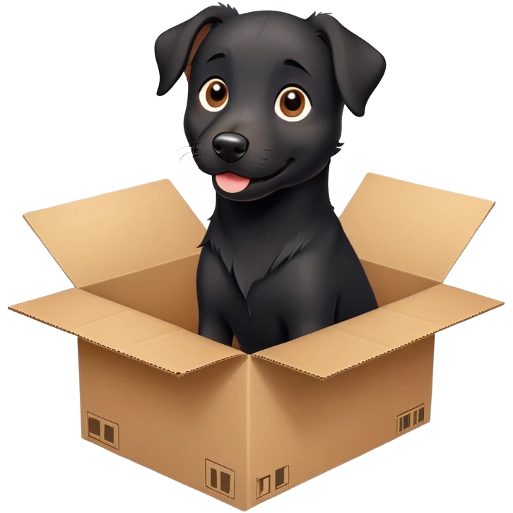  A very cute  young happy black dog with one's head tilted to one side poked its paws out of the cardboard big box and placed them on top of it emoji
