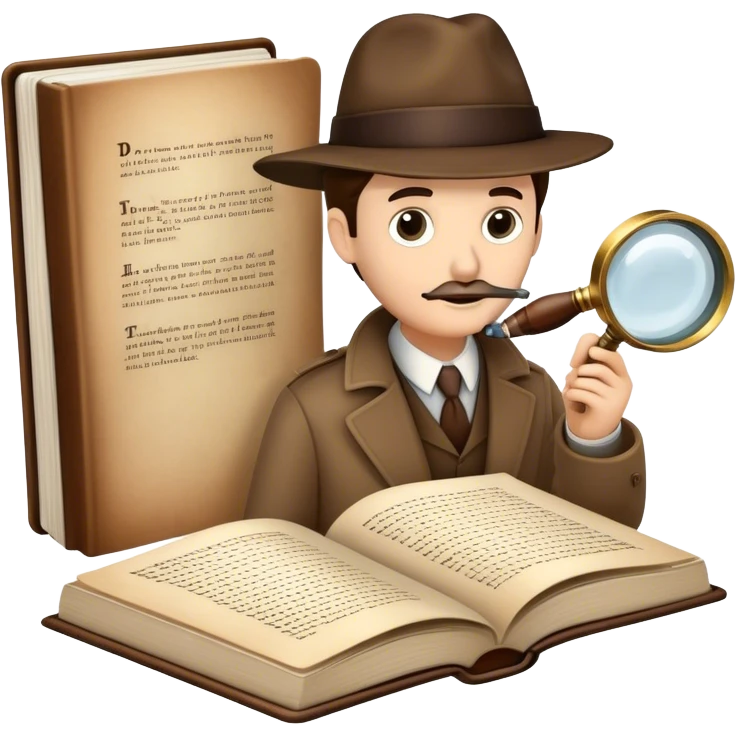 Icon for Detective Reading: an open book with text and a magnifying glass, a detective’s hat and a notebook with clues, surrounded by dark shadows and mysterious elements like footprints and a smoking pipe. Transparent background. emoji