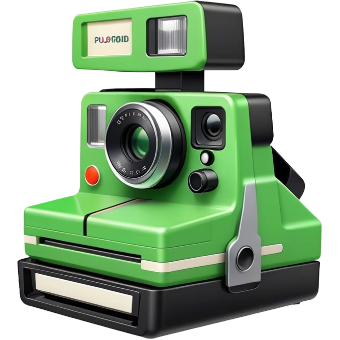 green polaroid camera with photo dispensing emoji