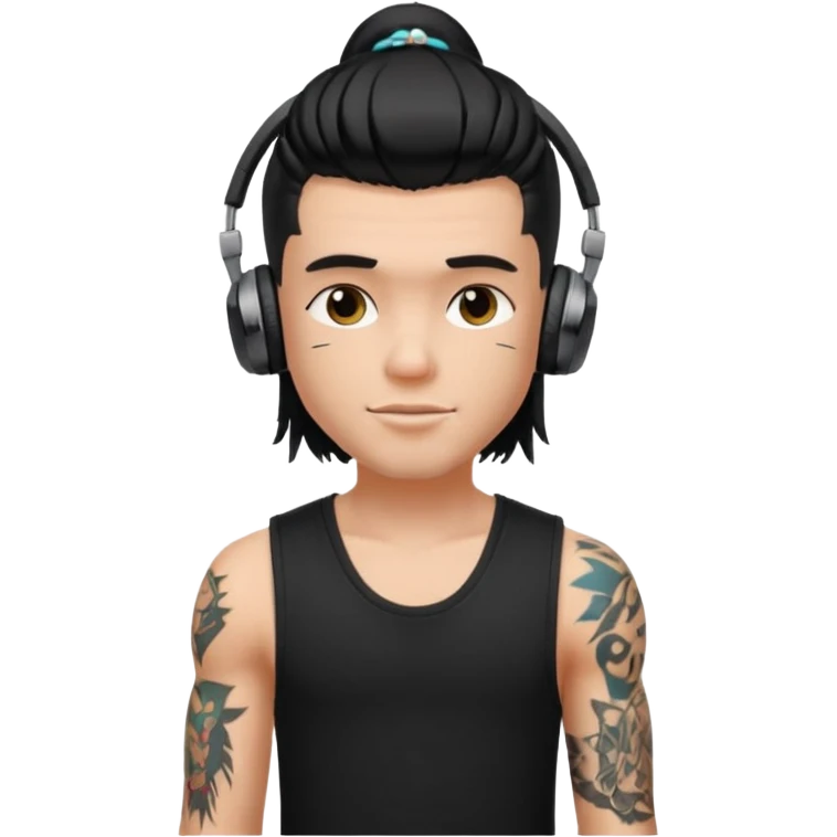 a pretty bratz guy with mullet and earphones and a sleeveless black top with tattoos on arm emoji
