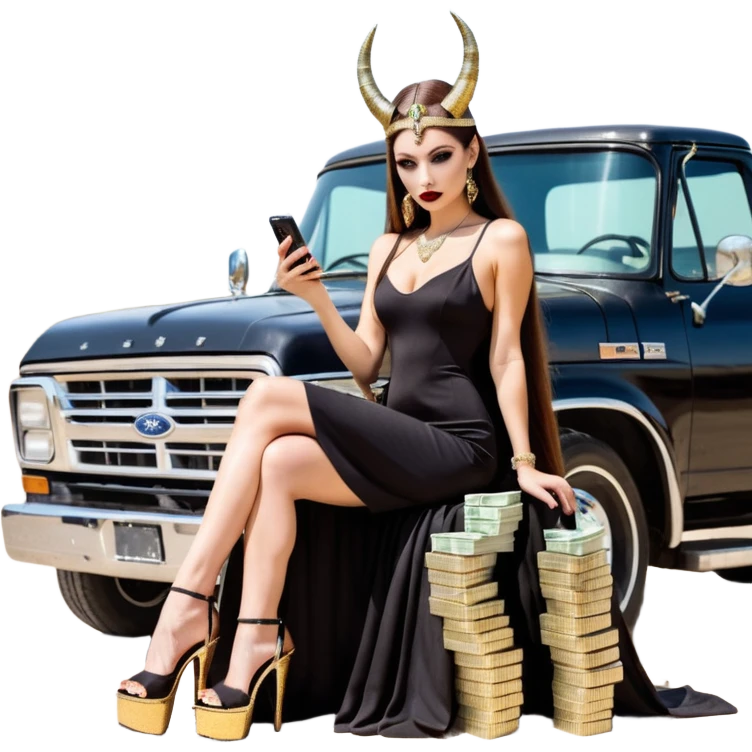Sensual queen long brown straight haired sexy drug lord woman with  glitter platform high heels on her feet,  and devil black horns on her head, holding a stack of cash, has a phone in other hand. Sitting on the hood of a  gold ford350 pickup truck  full of drugs, long black dress with sexy slit emoji