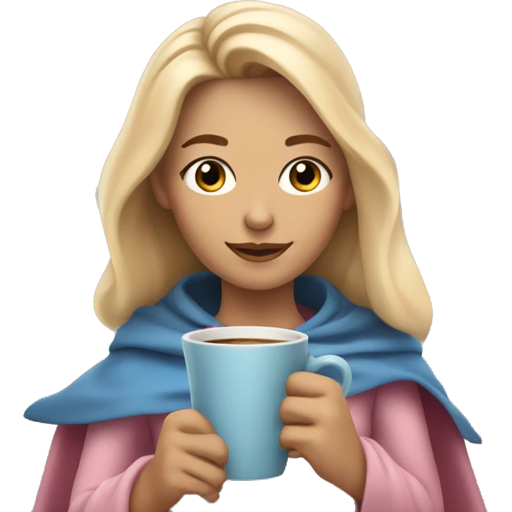 Blonde girl with loose hair and a soft pink and blue cape on her shoulders with a cup of coffee in her hands emoji