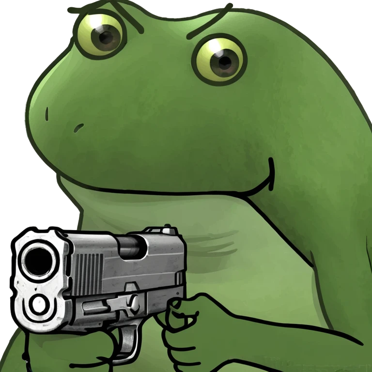 bufo frog meme aiming a gun, furious face emoji