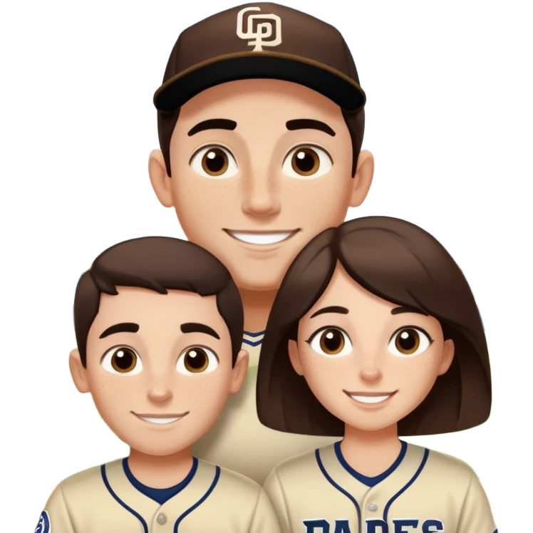 White Smiling couple. Girl has big cheeks and a lot of freckles on the nose. Medium long brown hair. The boy has black and very short hair and prominent eyebrows with egipcian nose. Both are wearing “Los Padres” baseball jerseys and with a sign that says “Go Padres” emoji