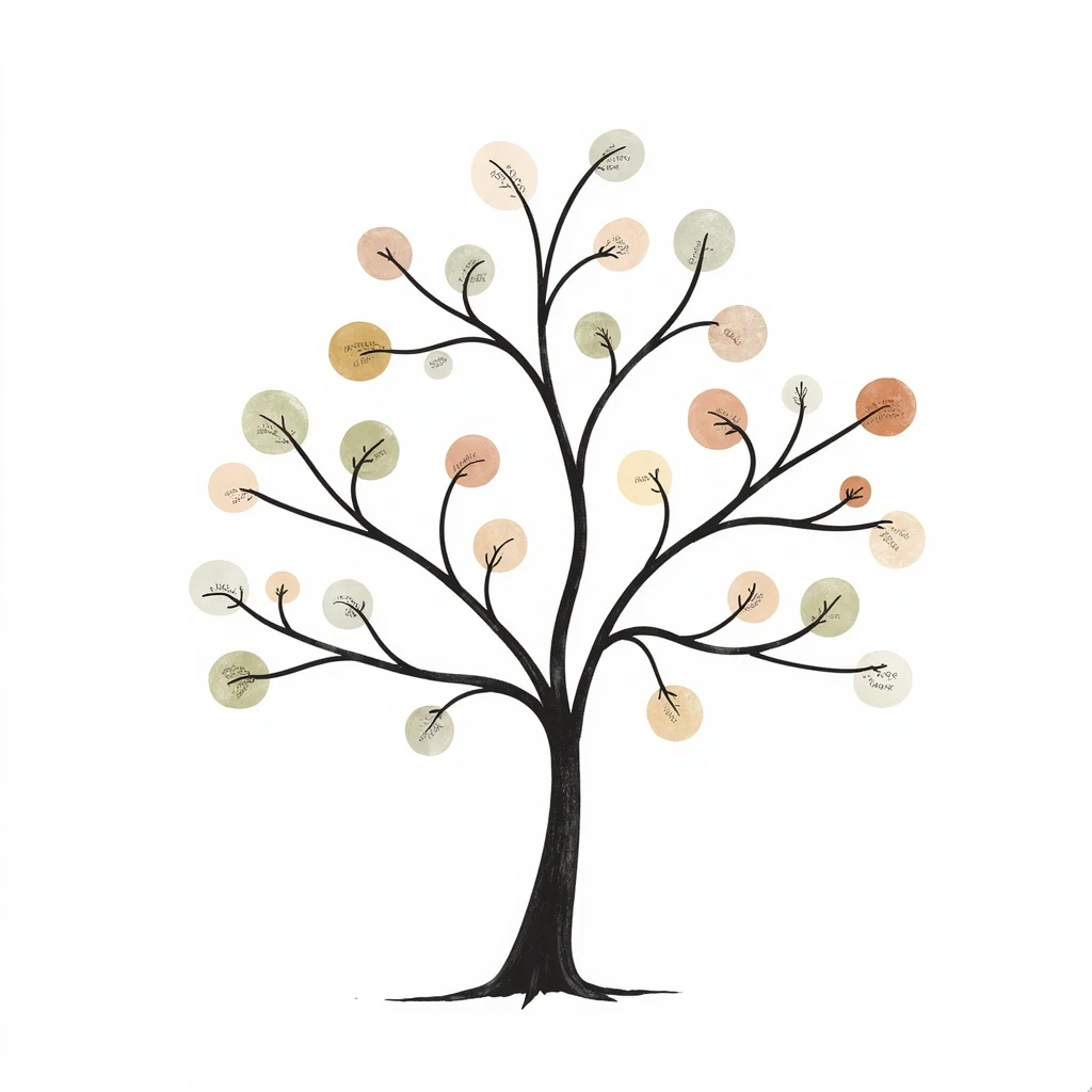 Hand-drawn ethereal family tree with delicate flowing lines connecting ancestor circles, dreamy watercolor-like effects emoji