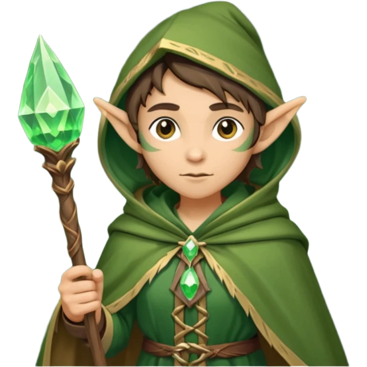 {
      "type": "human",
      "look": "forest elf mage, green cloak, wooden staff, glowing crystal tip",
      "description": "a forest elf mage in green cloak holding a wooden staff with a glowing crystal tip"
    } emoji
