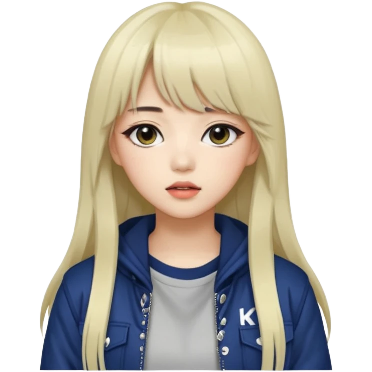 Portrait of a female K-pop idol, wearing a stylish streetwear outfit with layered clothing, long hair with bangs, makeup, cool face emoji