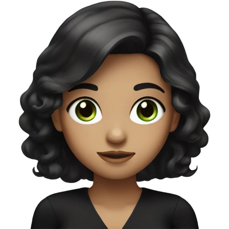 a girl with beautiful dark hair in a black dress and neckline, she has green eyes emoji