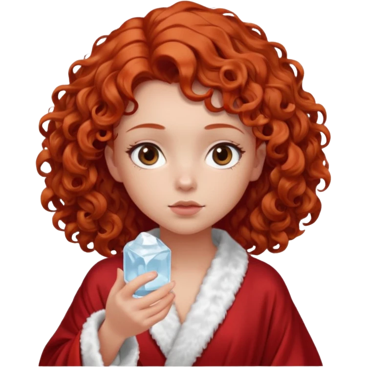 Cartoon emoji of a girl with voluminous curly red hair, fair skin, warm brown eyes. Wearing a chic milky silk robe with long sleeves, no makeup. Portrait mode, holding a ice cube, looking doubtful and unsure. Smooth, simple, stylized." emoji