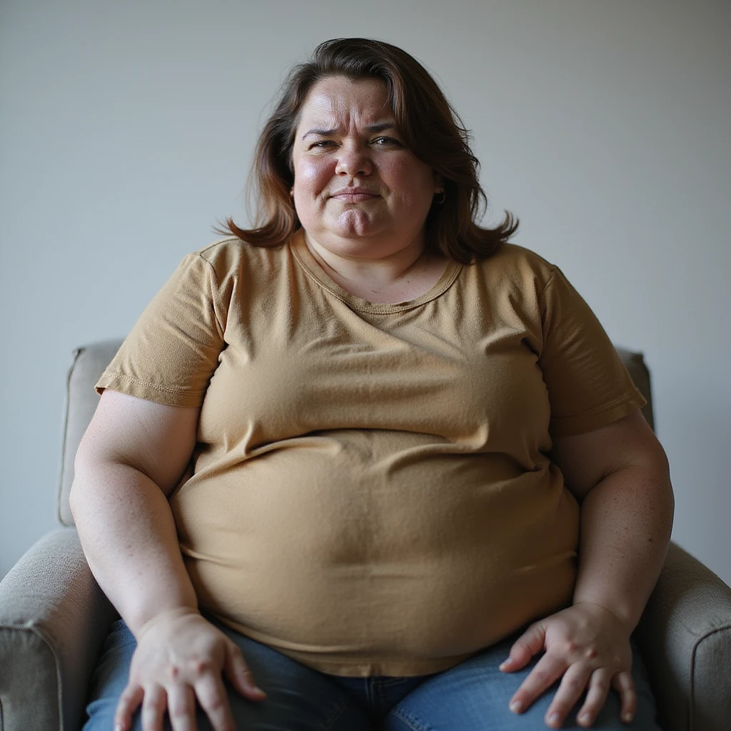hyperrealistic 4K vertical 9:16 portrait of a fat woman sitting with an expression of fatigue or frustration, isolated white background emoji