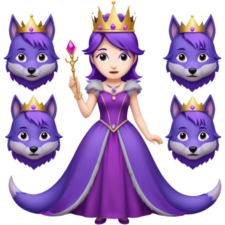 A princess wearing a purple dress and crown with purple hair and purple wolf ears and purple wolf tail character. doing different actions against a white background And make a gap between each illusion emoji