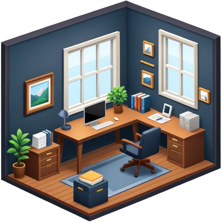An isometric 3D room with two walls that meet at the back left and right and a Window. Dark Colors. Home Office emoji