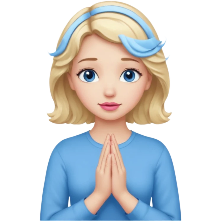 Girl Blonde short wavy hair,  blue eyes, cute blue top, long lashes, pink lips, praying hands emoji