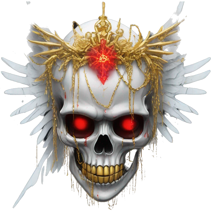 White skeleton zombie person covered in golden chains and black graffiti scribbles and red and silver doodles wings made of neon lightning snowing snowflakes crown made of snowflakes  emoji
