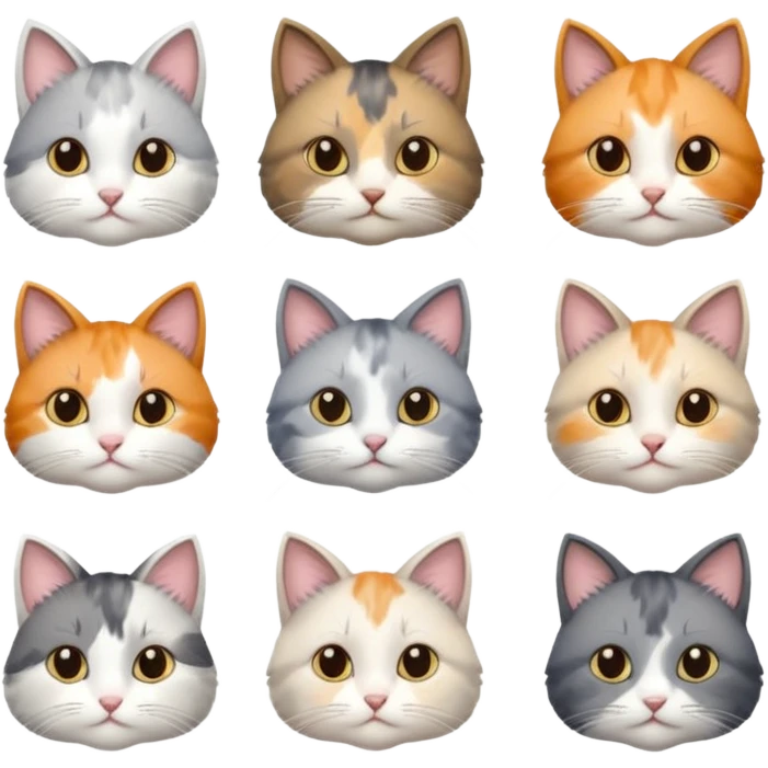 6 realistic looking cats with different natural coloured coats, assorted grey and white, greys, calico colours etc
 emoji