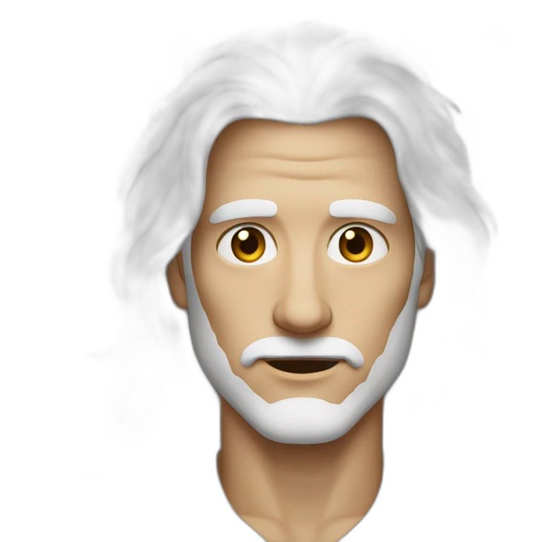 A tall man with long white hair, broad shoulders, dressed in white, has a scar on his right eye, right eye is completely white, left eye is dark brown. emoji