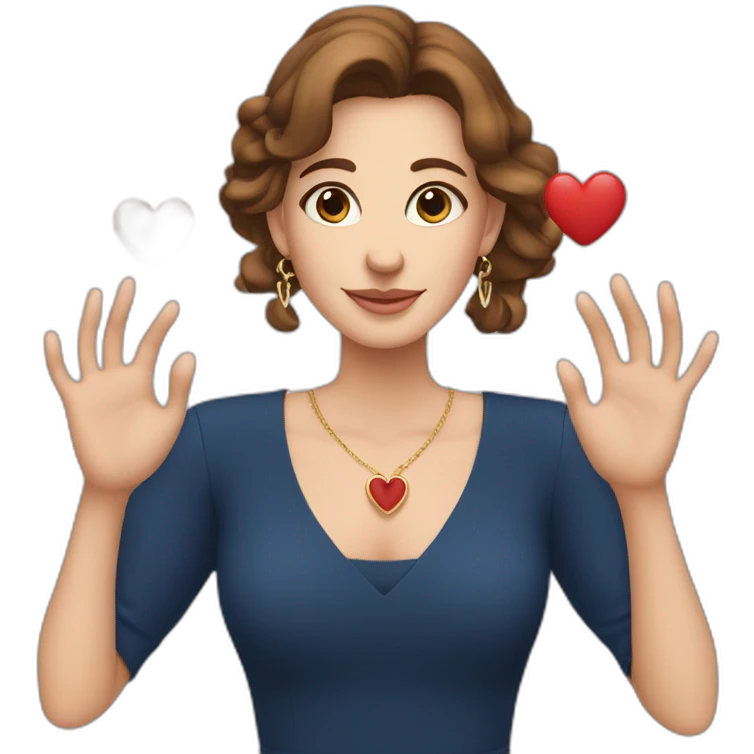 A white woman with brown hair, making a heart symbol with her hands (with long earrings and dark blue dress) making a heart symbol with her hands emoji