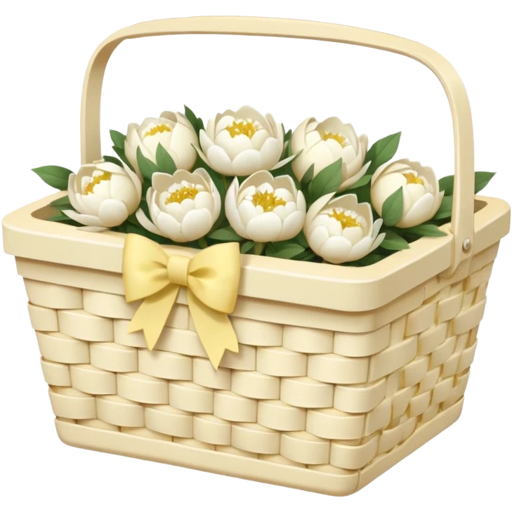 White Picnic basket with pastel yellow bow and white peonies inside emoji