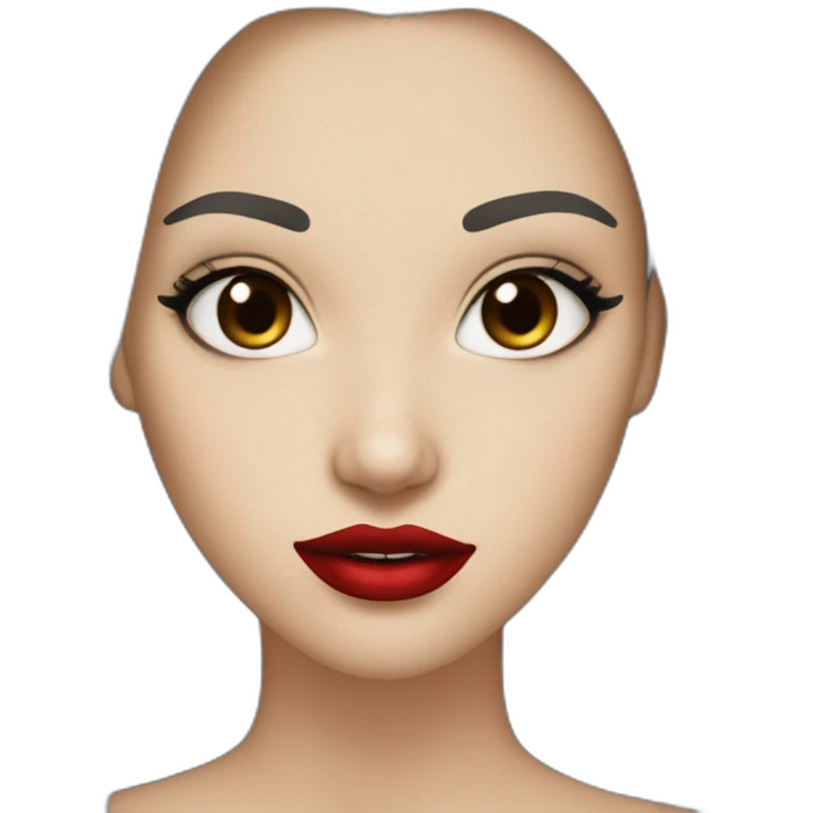 straight long dark brown hair,red lipstick,black eyes, white skin and a small nose emoji