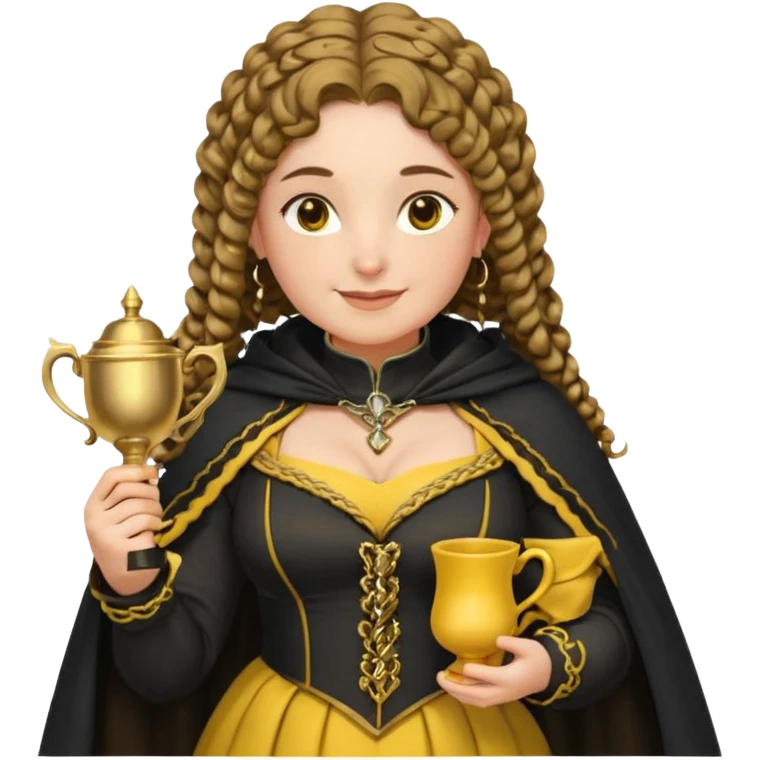 Helga Hufflepuff, 2 curly thick brown braids, yellow-black medieval dress, black cloak decorated with gold braiding, tiny two-handled shiny yellow-gold cup, very kind smile, curvy busty sweet woman, thick rosy cheeks emoji