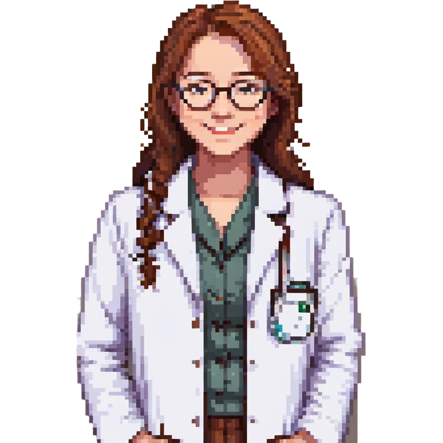 Make Hange Zoe smile with glasses and lab coat in pixel art style with no background. emoji