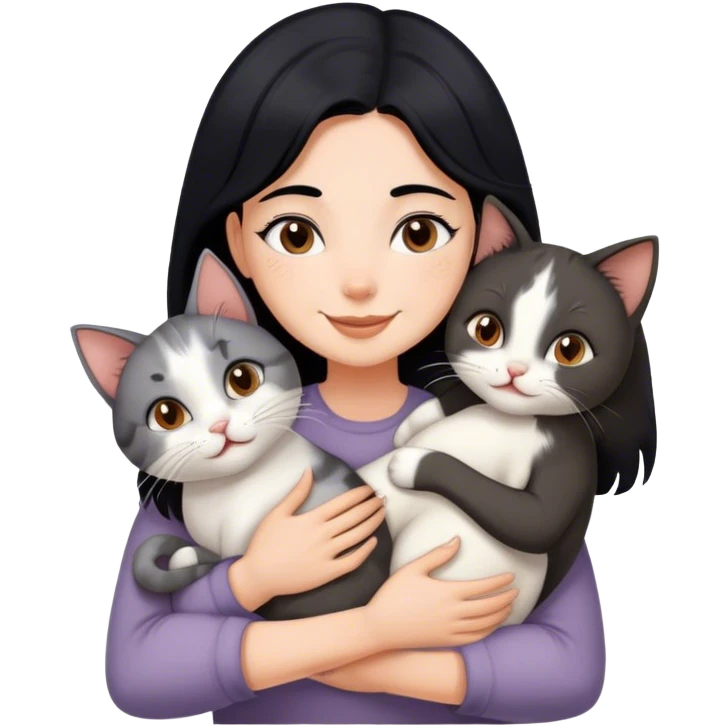 happy girl with black hair hugging three cats  (carey cat, gray cat, brown calico cat) emoji