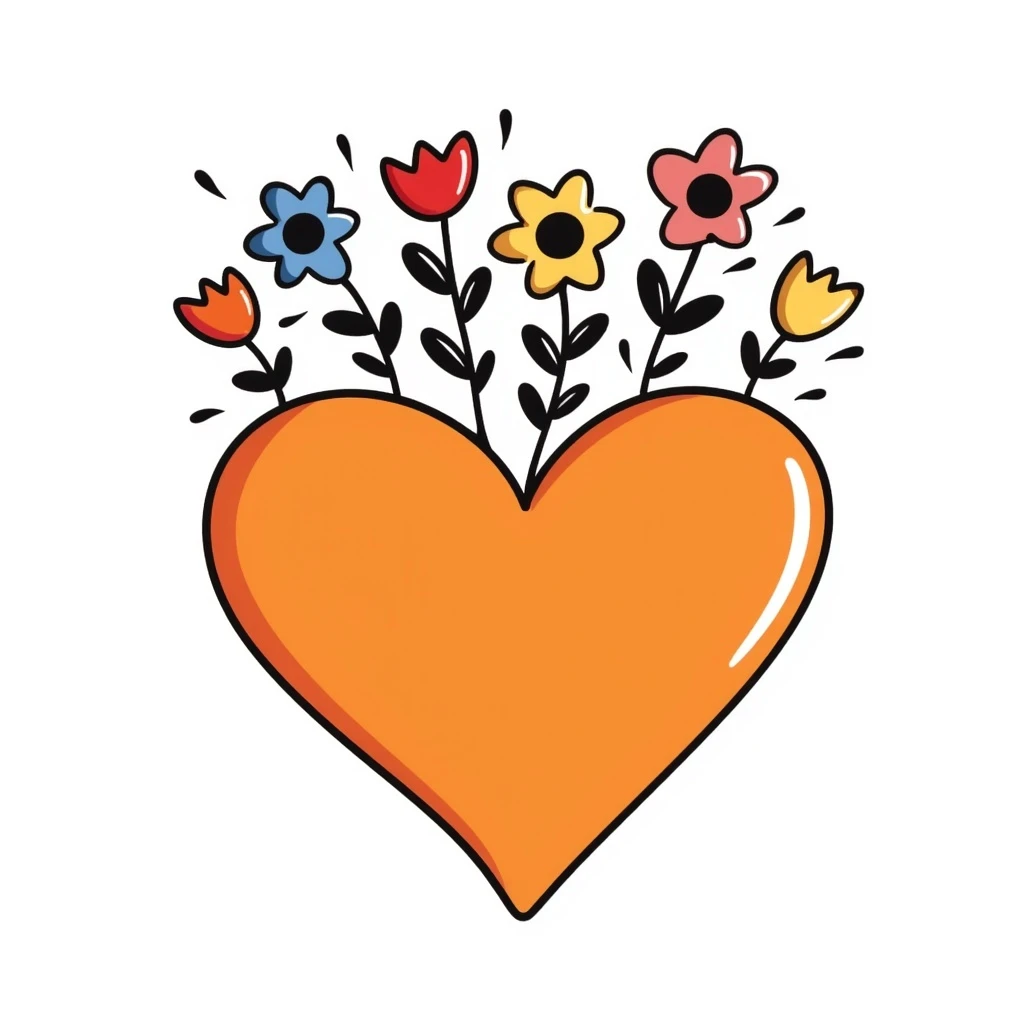 Add a crown of colorful flowers to the orange heart, keeping the playful and sketchy hand drawn doodle style. emoji