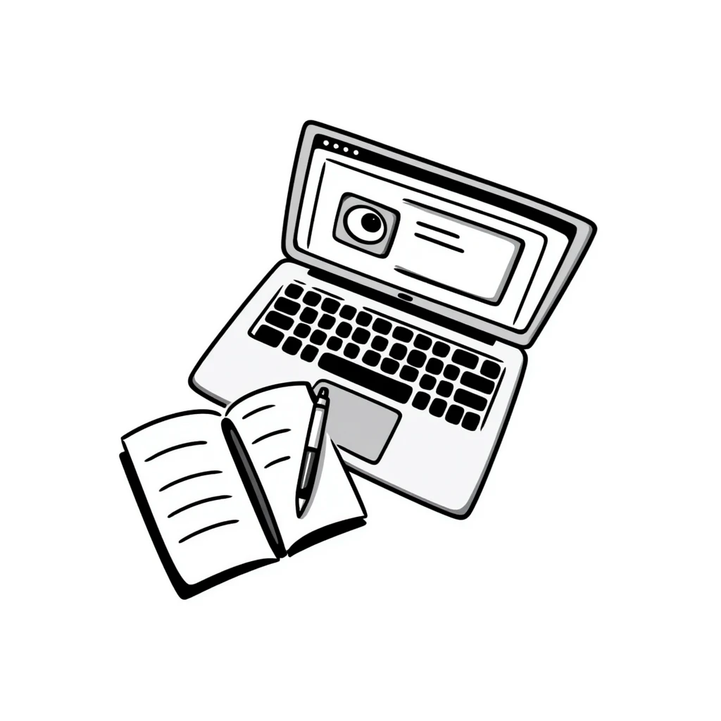 top view of a MacBook and a notebook with a pen nearby, different arrangement emoji