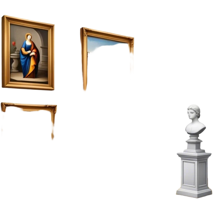 An icon featuring an elegant art gallery with classic paintings hanging on the walls, and sculptures displayed on pedestals. Visitors admire the exhibits, capturing the essence of culture, history, and art. Set against a transparent background. emoji
