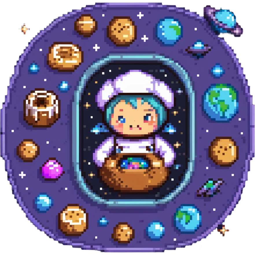 An interstellar baker crafting cookies in zero gravity, using stardust and planetary spices. The kitchen orbits a nebula, with floating tools and anti-gravity dough. UI features galactic swirls, shimmering constellations, and planetary icon emoji