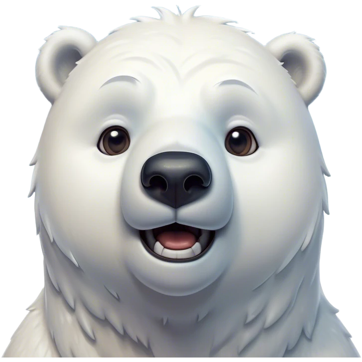 Cinematic Comical Polar Bear Portrait Emoji, Head tilted dramatically with an exaggeratedly shocked expression, featuring a robust, snowy build with wide, comically expressive eyes full of humorous disbelief, Simplified yet hilariously expressive features, highly detailed, glowing with a slightly sassy polar glow, high shine, dramatic yet playful, stylized with an air of quirky arctic attitude, soft glowing outline, capturing the essence of a meme-worthy polar bear that appears ready to side-eye its way into viral fame! emoji